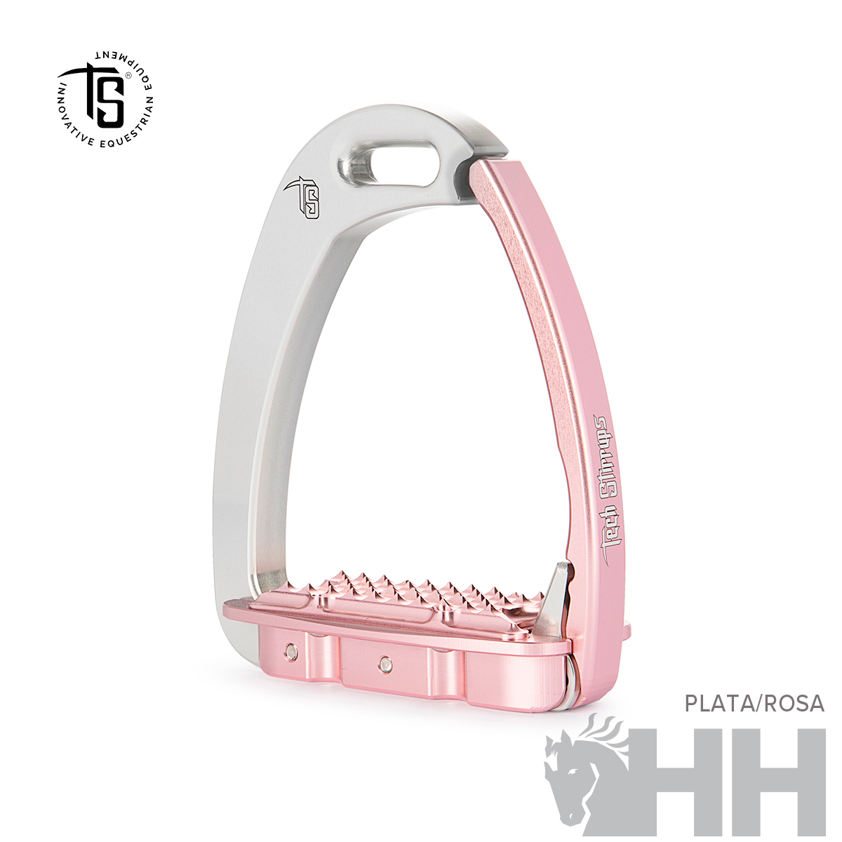 Estribo metálico prata e rosa com textura antiderrapante