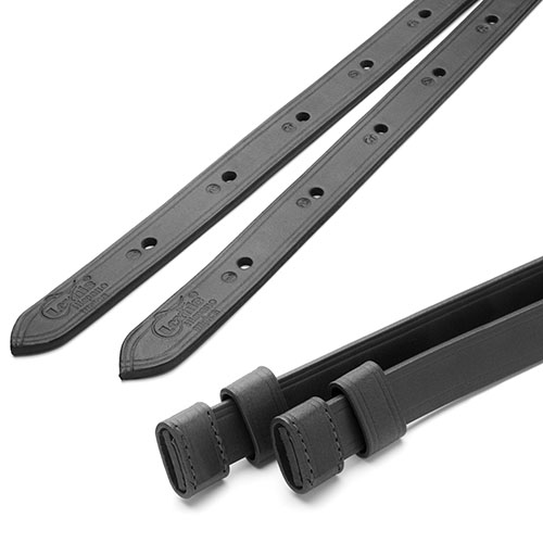 Cabos compridos em couro preto com ilhós para ajuste