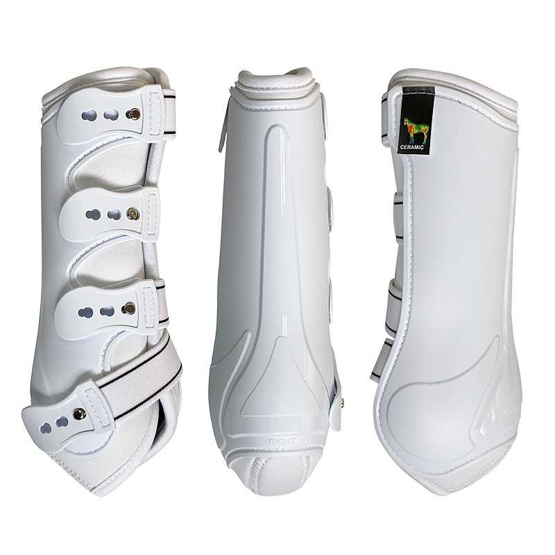 Proteções brancas para cavalos com velcro e logo REOGANES.