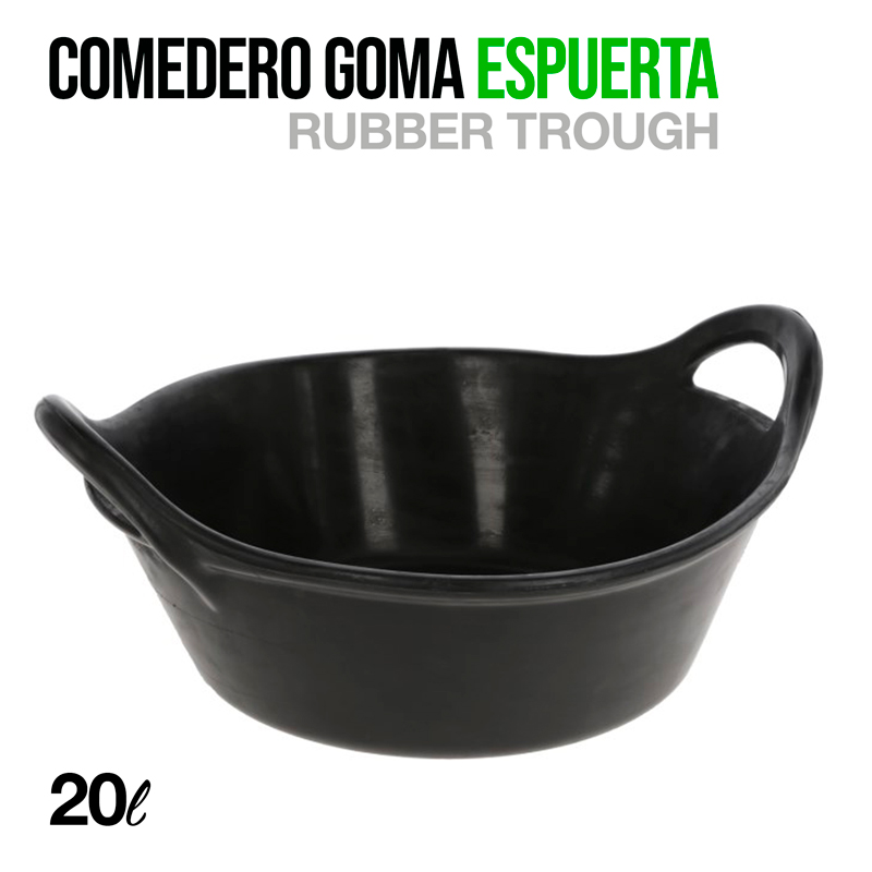 Comedouro de borracha preto com duas pegas laterais e capacidade de 20 litros