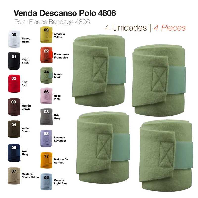 Quatro ataduras Venda Descanso Polo 4806 em verde menta com fecho de velcro, mostrando tabela de cores ao lado.
