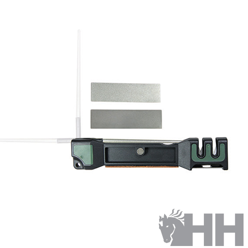 Afiador de facas preto e verde com pedras de afiar cinzentas