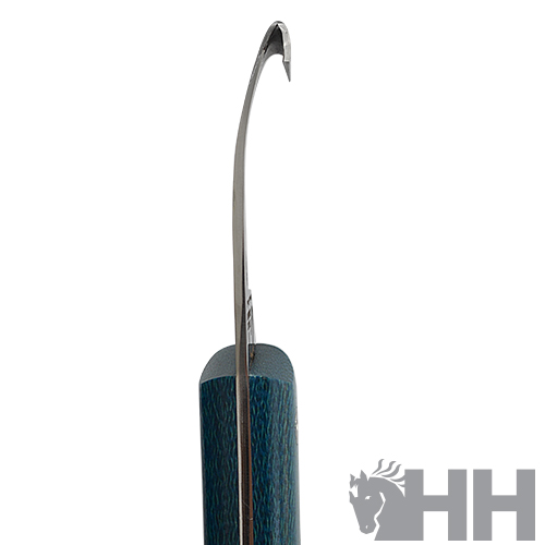 Gancho metálico fino com cabo azul texturizado e logótipo HH cinzento