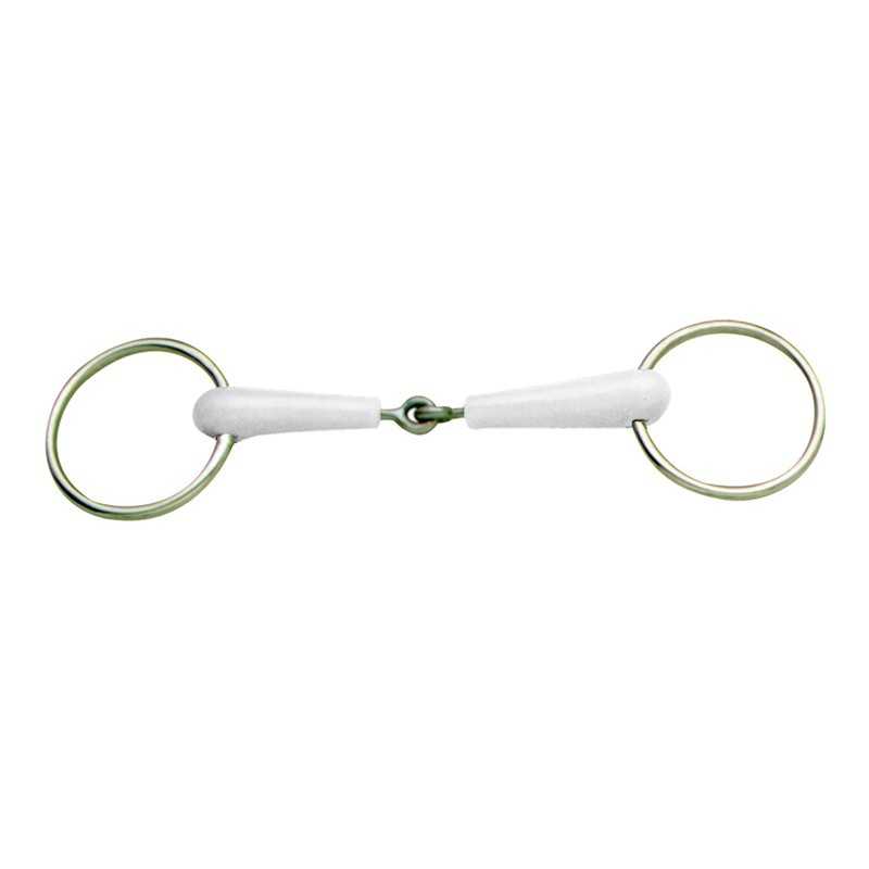 freio para cavalo com anéis dourados e peça central branca