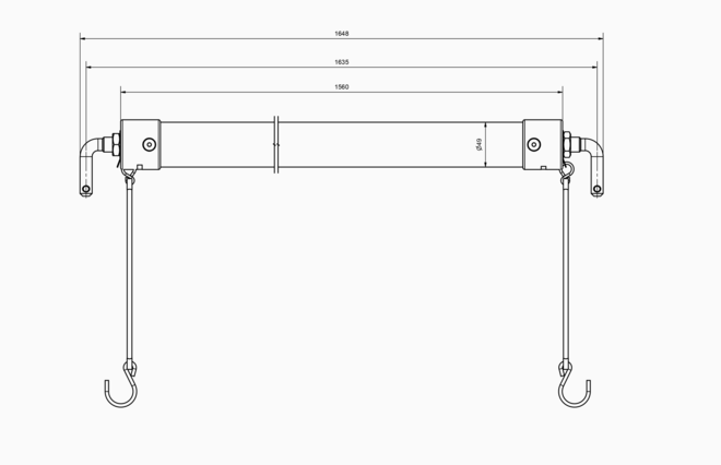 Desenho técnico com dispositivo horizontal e ganchos laterais com dimensões