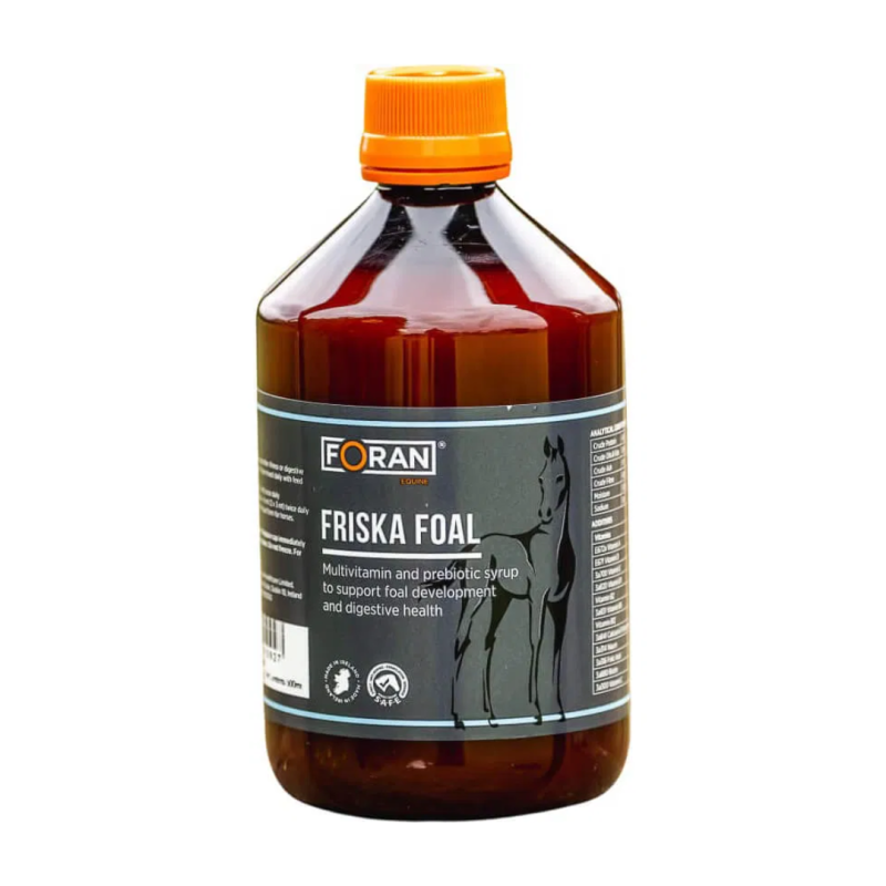 Frasco de suplemento multivitamínico em xarope para potros com rótulo cinzento e tampa laranja.