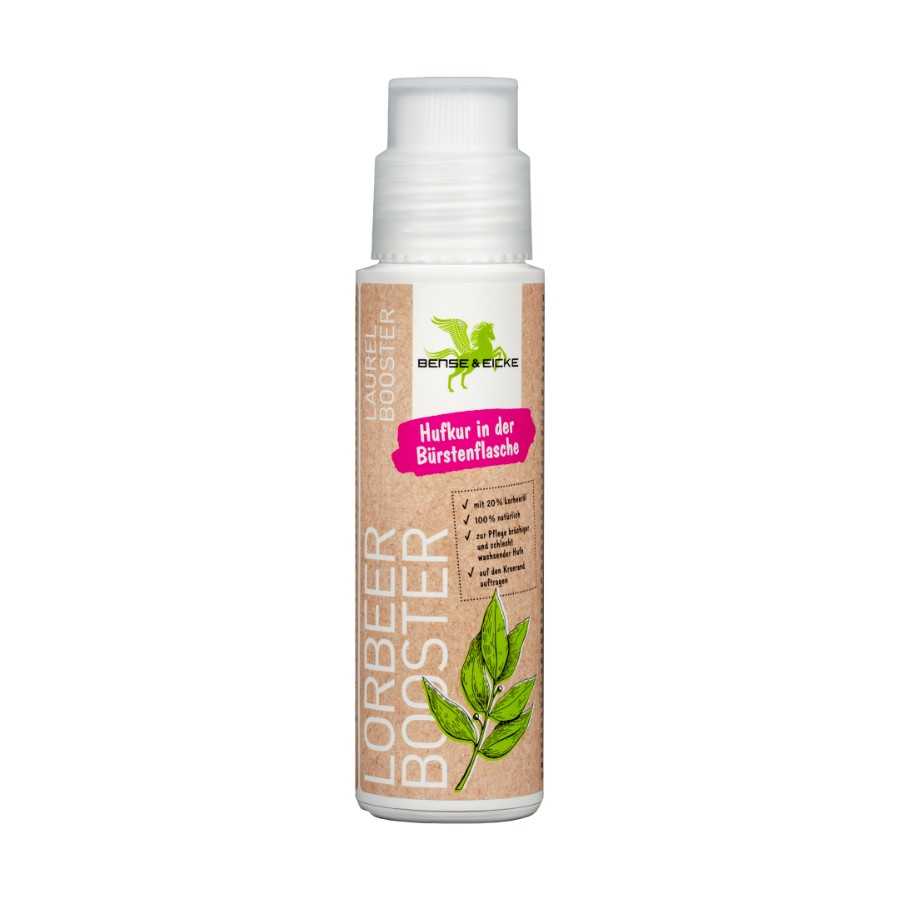 Frasco branco com rótulo castanho e ilustração de folha verde