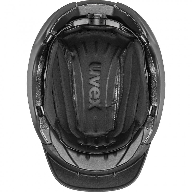 Capacete preto de proteção com interior acolchoado e logo uvex