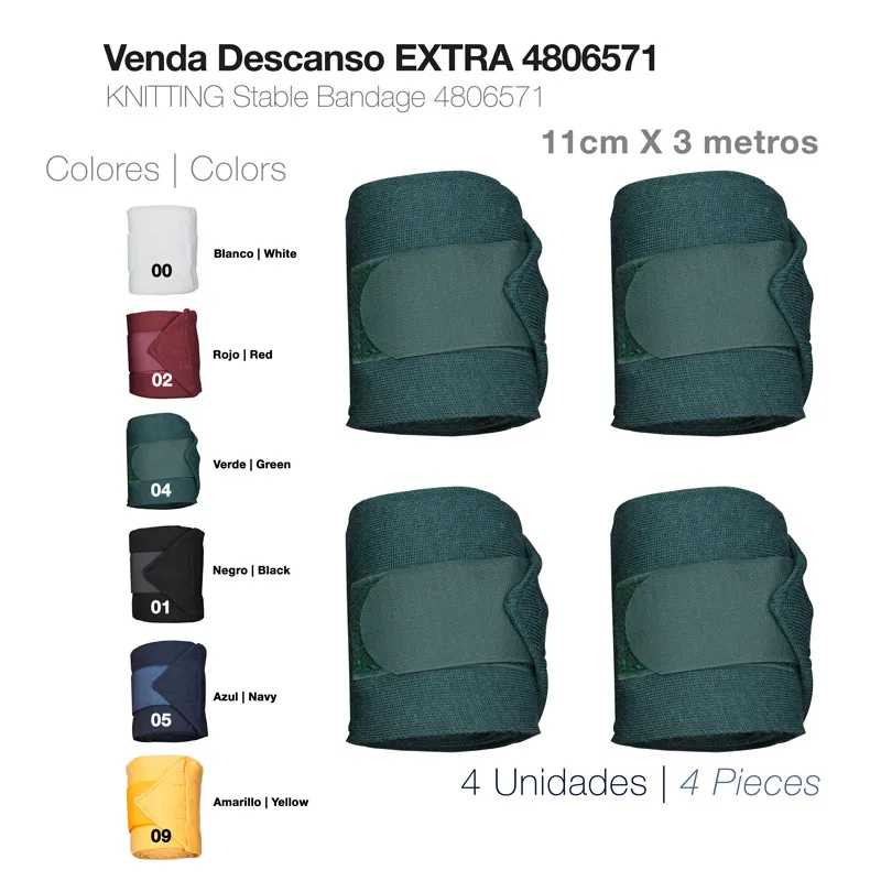 Quatro bandagens elásticas verdes escuras com fecho em Velcro e catálogo de cores ao lado