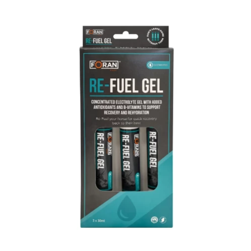 Pacote com três tubos de gel eletrolítico RE-FUEL GEL da marca FORAN em embalagem preta e azul