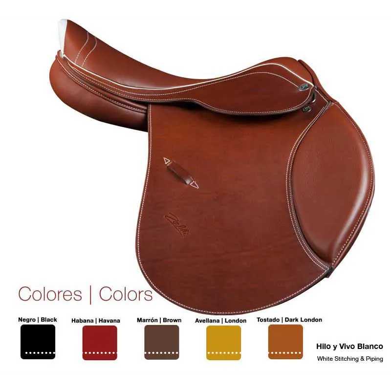 Sela de cavalo de couro marrom com costura branca e opções de cores