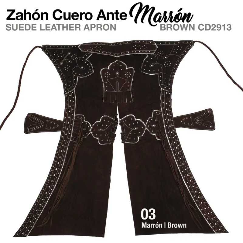 Avental de couro de camurça castanho com padrões florais e tiras de amarrar.