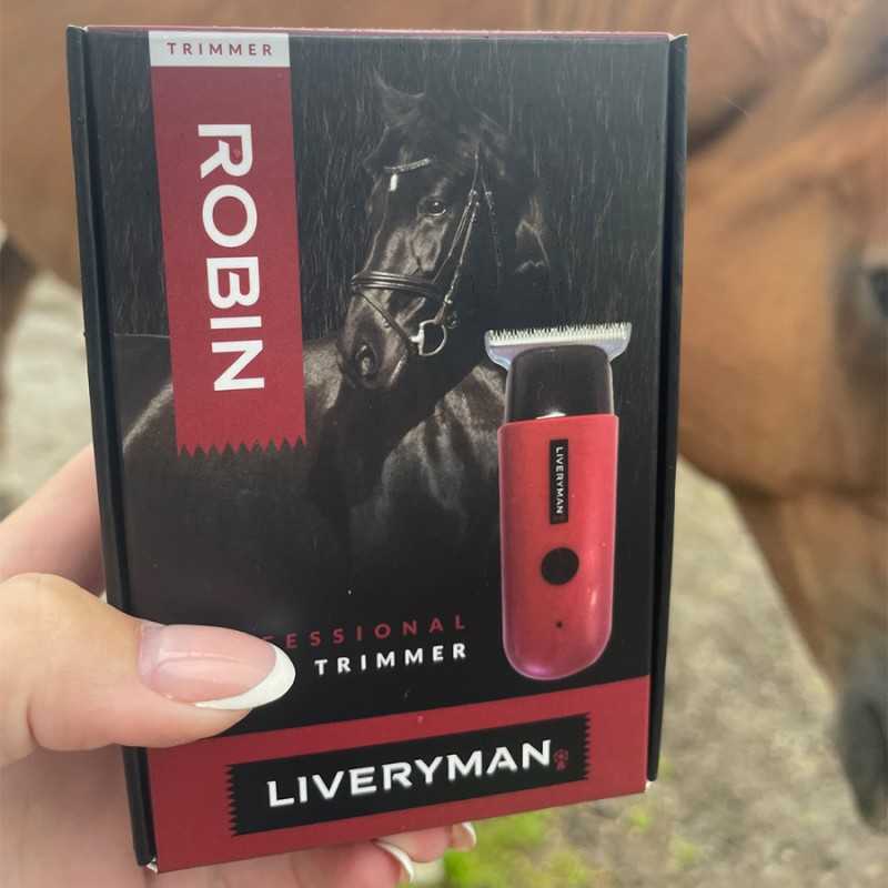 Embalagem de aparador de pelos LIVERYMAN modelo ROBIN com imagem de cavalo preto