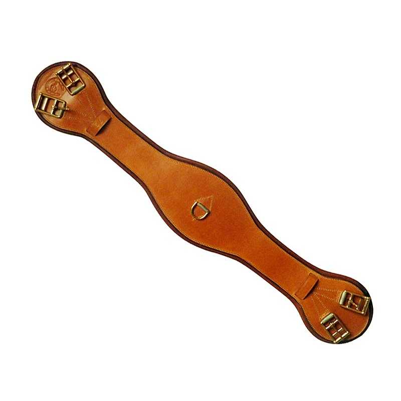 Cinta de sela castanha em pele com fivelas metálicas douradas e anel central