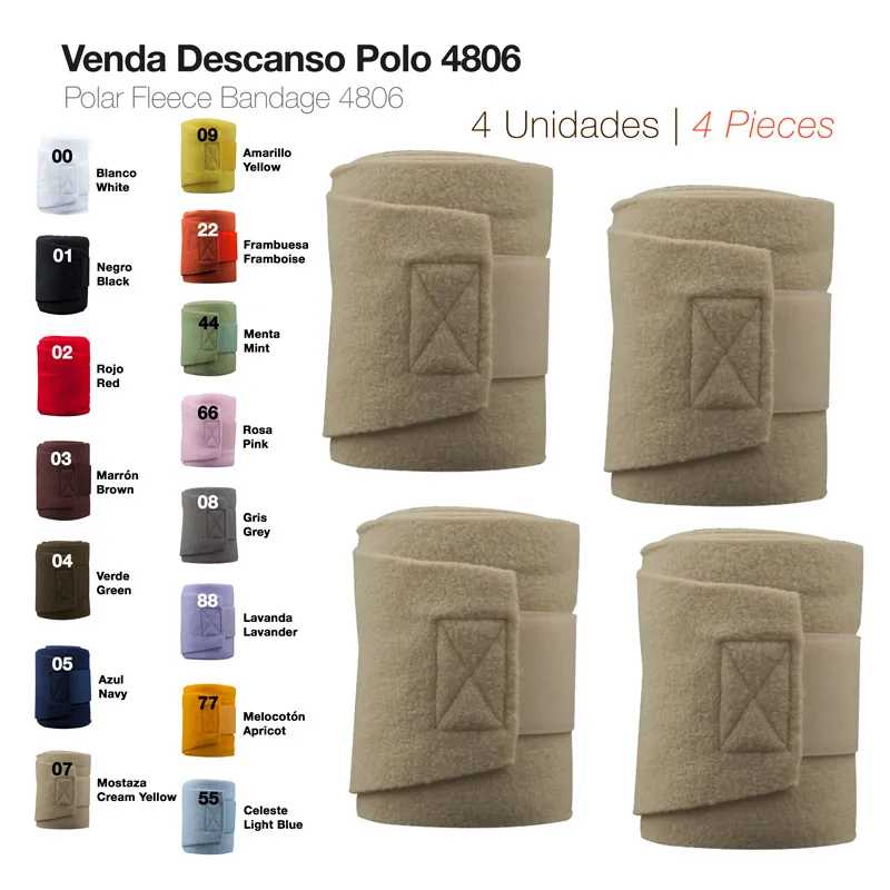 Quatro ligaduras de descanso em fleece polar cor creme mostarda com fecho de velcro e tabela de cores disponíveis.