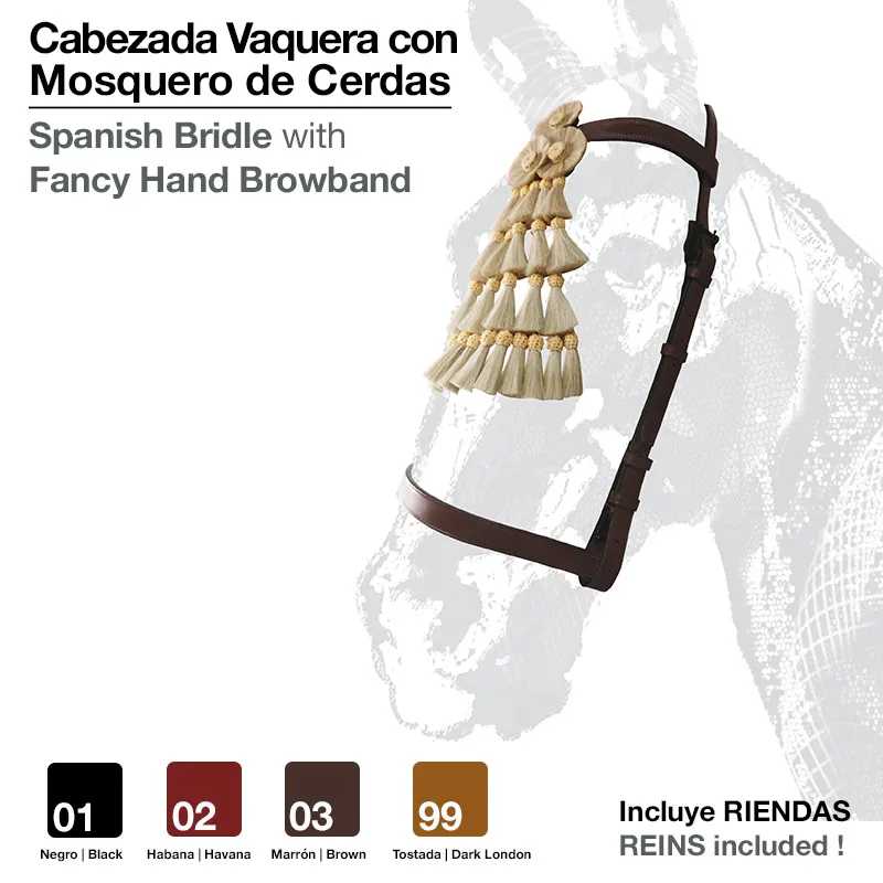 Cabeçada vaqueira castanha com mosquero de cerdas e texto em espanhol e inglês