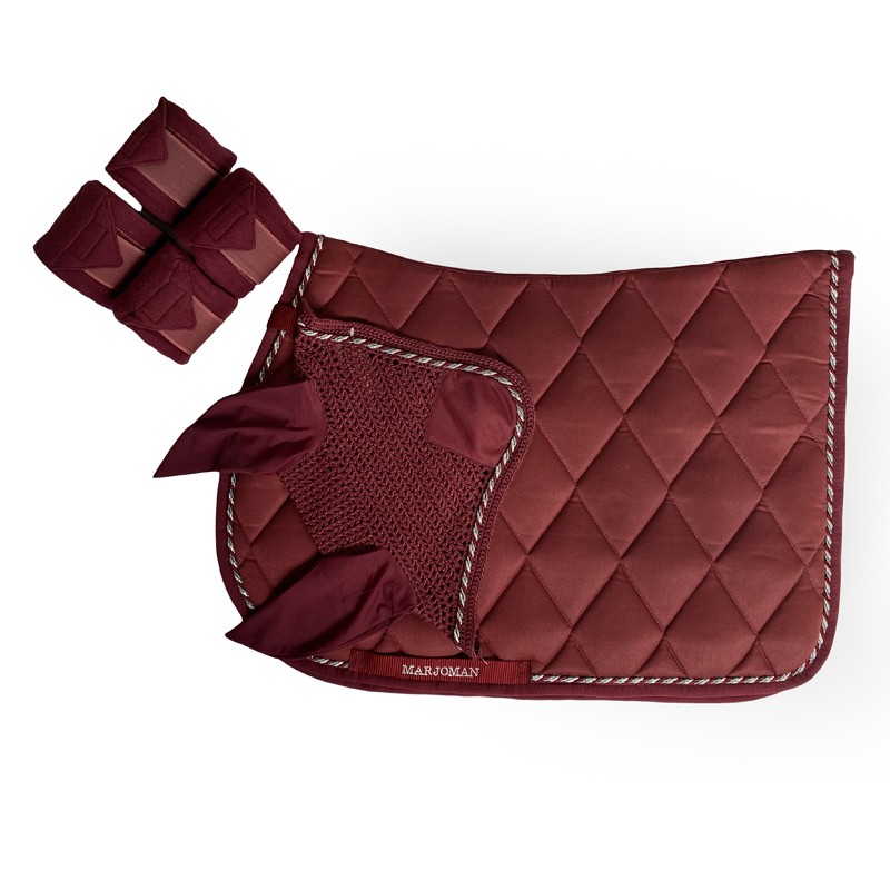 Conjunto de equipamento equestre vinho com manta acolchoada e proteções para pernas
