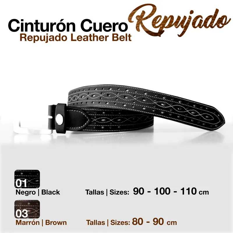 Cinto de couro repujado preto com padrão decorativo e fivela preta