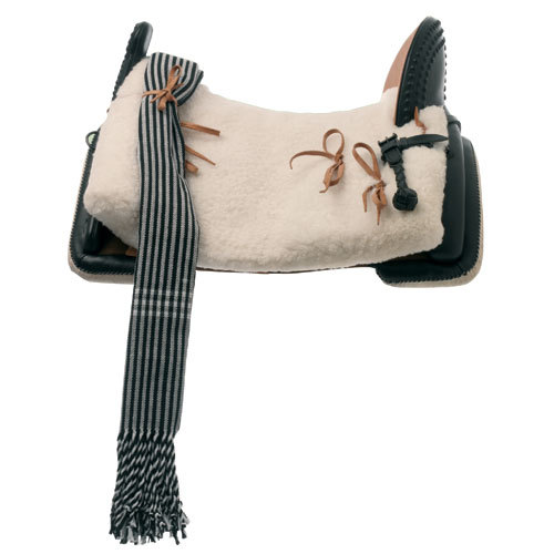 Sela para equitação creme com pormenores em couro castanho e pano riscado cinzento e preto