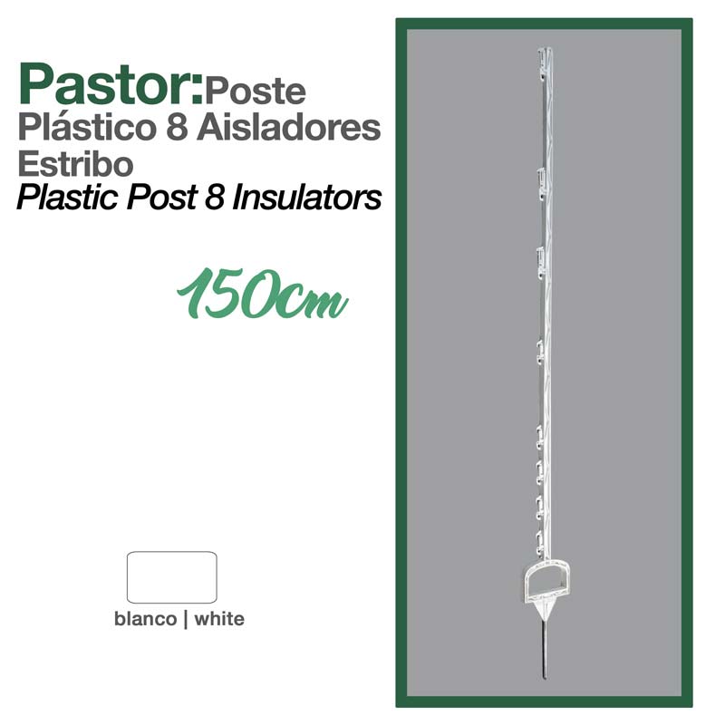 Poste de plástico branco com 8 isoladores e ponta metálica