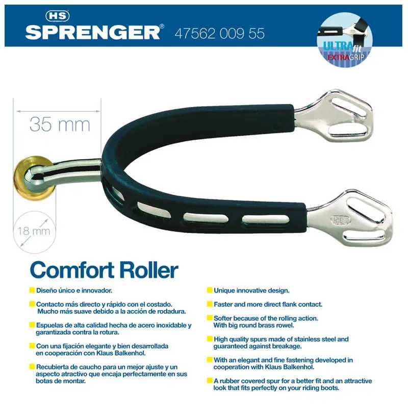 Espora HS Sprenger Comfort Roller de aço inoxidável com borracha preta e etiqueta com texto