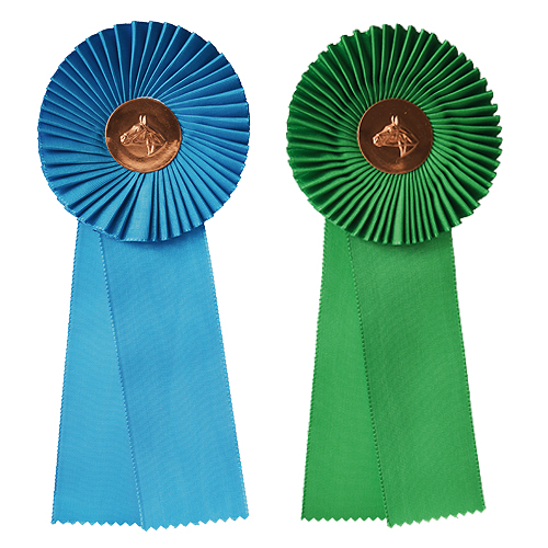 Rosetas de prémio azul e verde com centro dourado de tecido