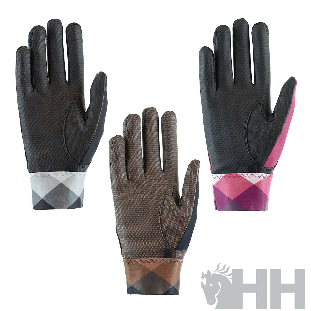 Luvas de equitação com punhos coloridos e textura antiderrapante na palma.