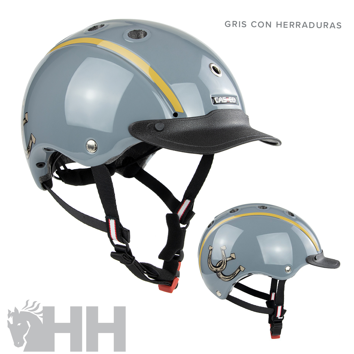 capacete cinza com faixa amarela, viseira preta e correias pretas com ferraduras