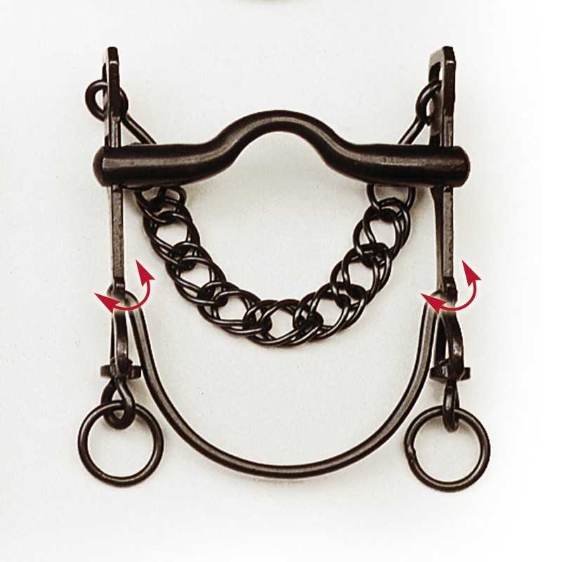 Freio de cavalo em ferro preto com barra curva e corrente