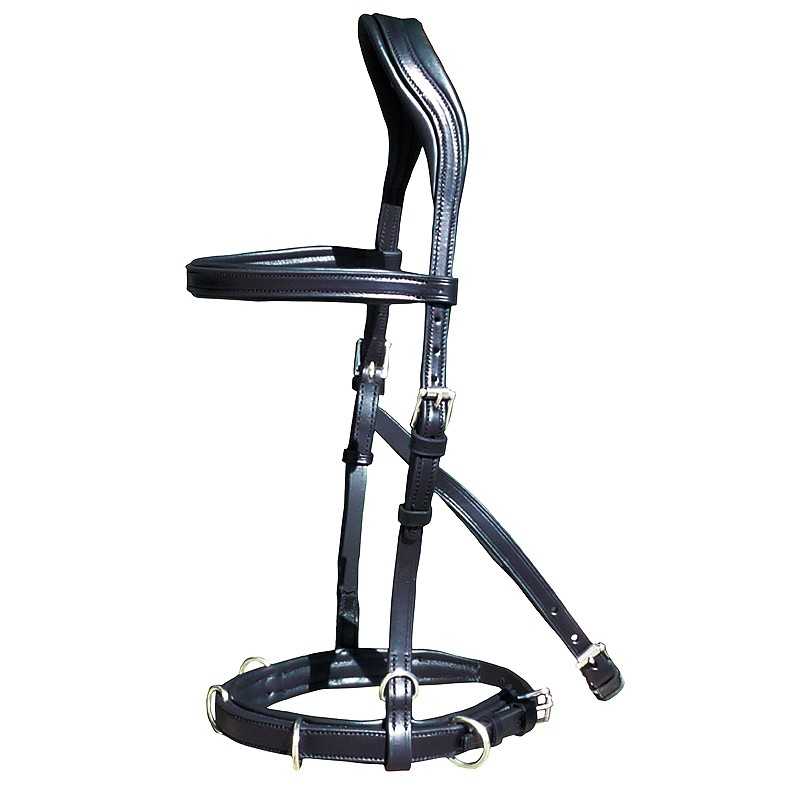 Cabeçada preta para cavalo em couro com fivelas metálicas