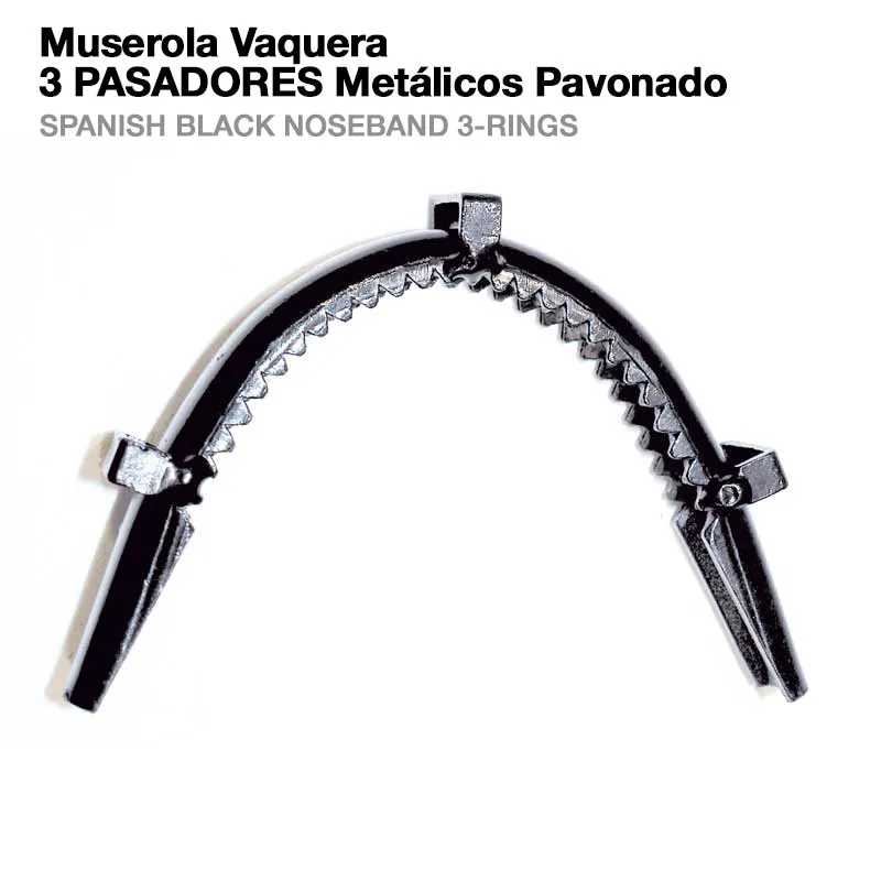 Muserola vaquera metálica preta com 3 pasadores e dentes de fixação