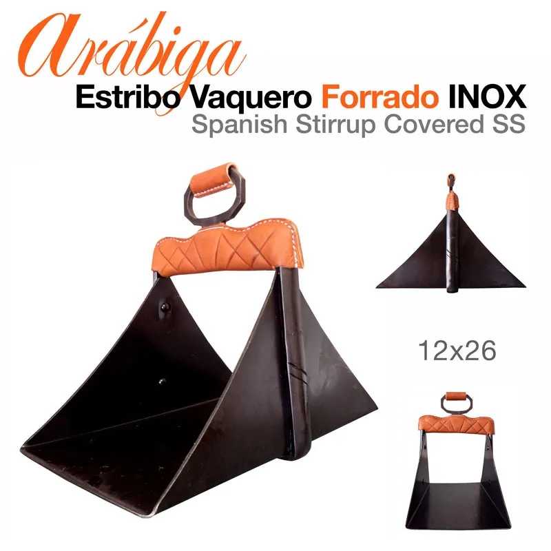 Estribo vaqueiro forrado Arábiga INOX preto com forro castanho alaranjado e texto no fundo branco