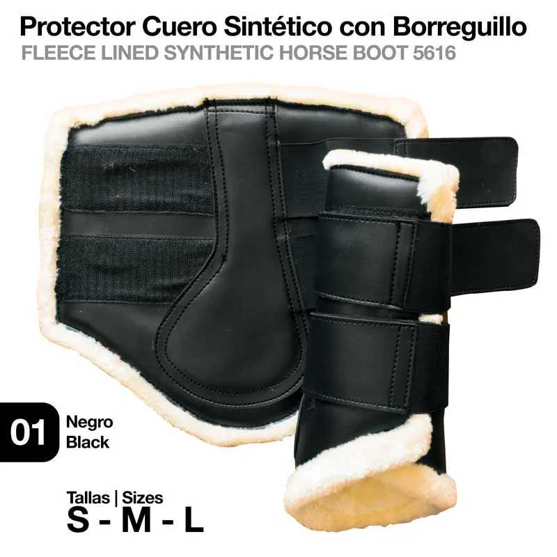 Protector para cavalo preto de couro sintético com forro branco, fechos de velcro, texto informativo ao fundo