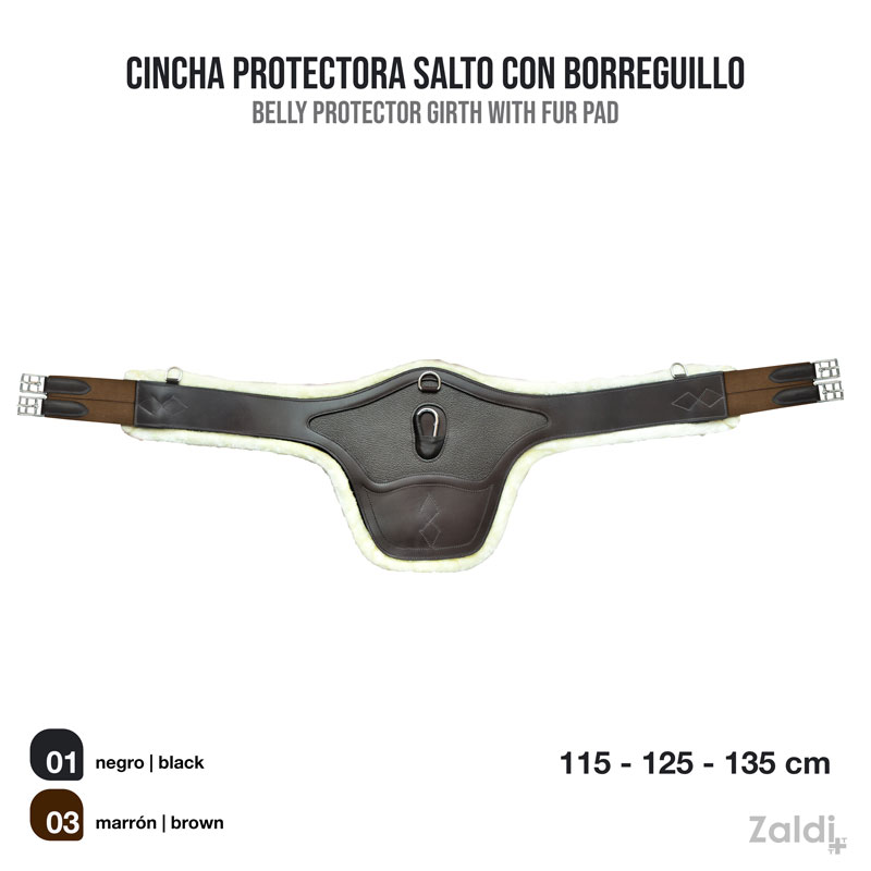 Protetor abdominal para equinos com almofada em pêlo nas cores preto e castanho, tamanhos 115-135 cm