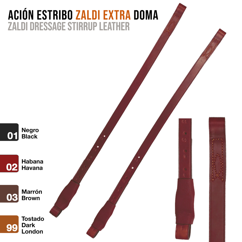 correias de estribo em couro castanho com texto e escala de cores disponíveis