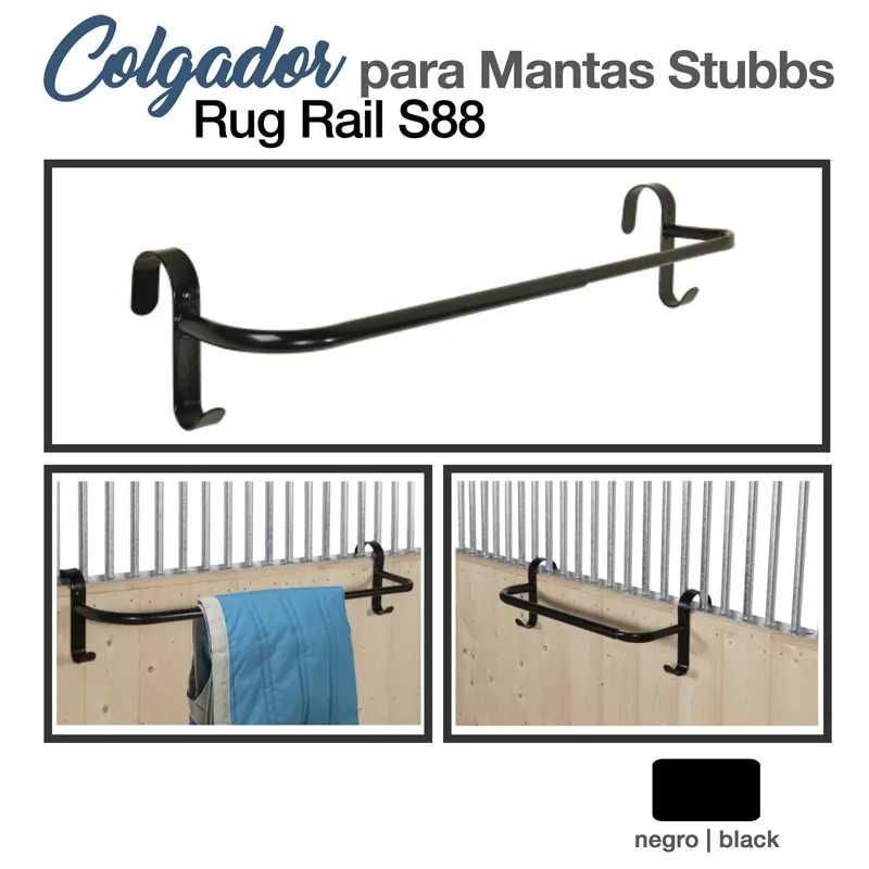 Colgador preto para mantas Stubbs Rug Rail S88 instalado em barras verticais de estábulo