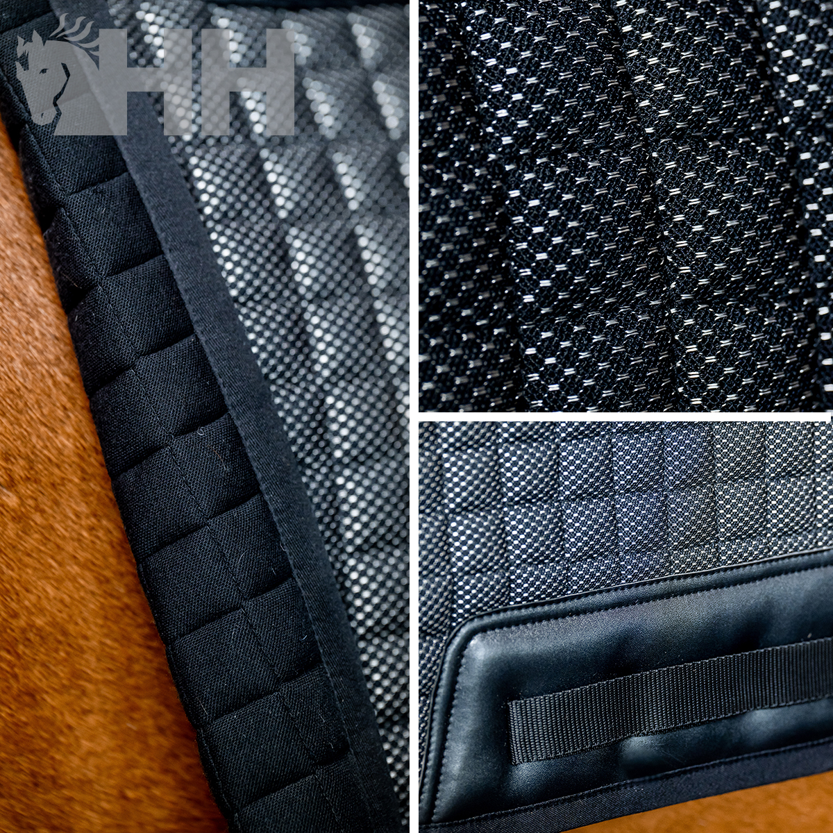 Manta preta acolchoada para cavalo com tecido texturizado e bordas reforçadas sobre superfície castanha.