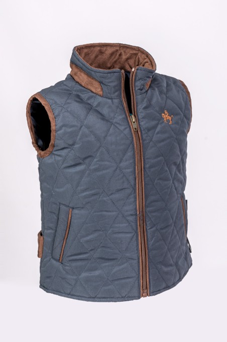 Colete acolchoado azul cinzento com detalhes castanhos e zíper