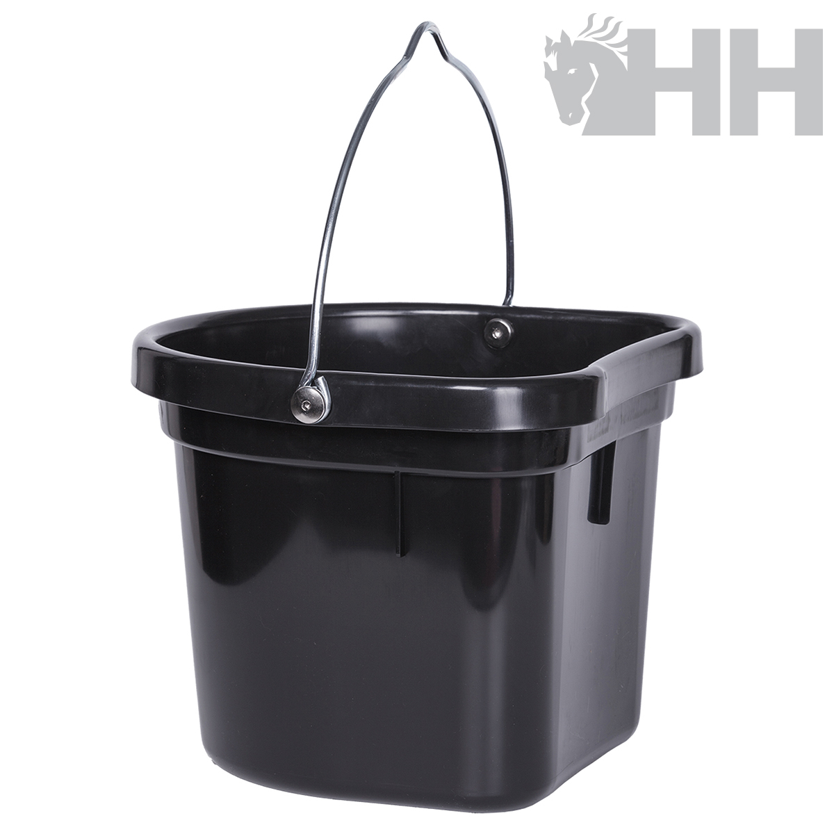 Balde quadrado preto com pega metálica e logótipo HH cinza em fundo branco