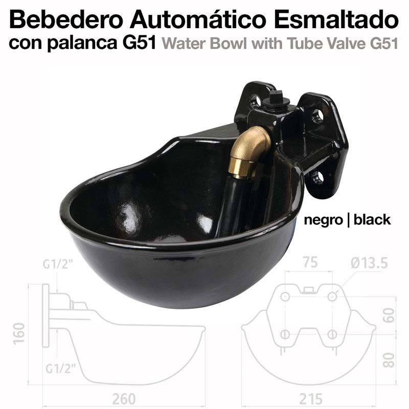 Bebedero automático esmaltado preto com alavanca e válvula G51
