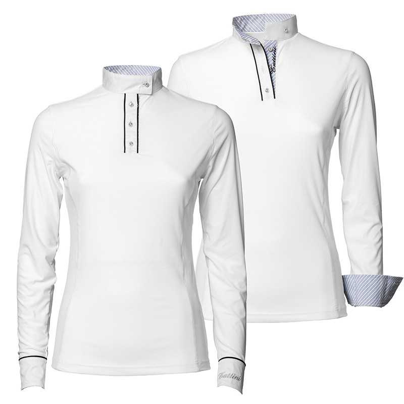 Duas camisas brancas de manga comprida com detalhes azuis no colarinho e punhos