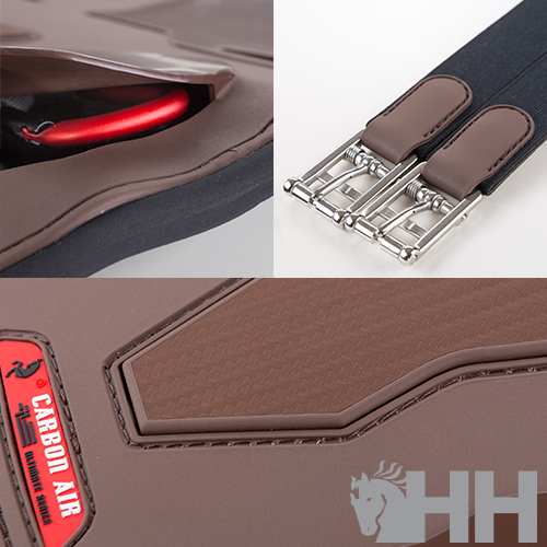 Correia com fechos metálicos e pele castanha, tecido azul escuro e etiqueta 'CARBON AIR'