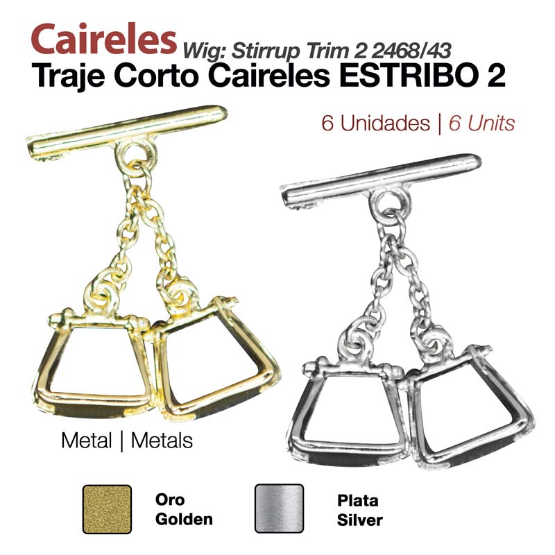 Caireles metálicos dourados e prateados em formato de estribo com texto explicativo.