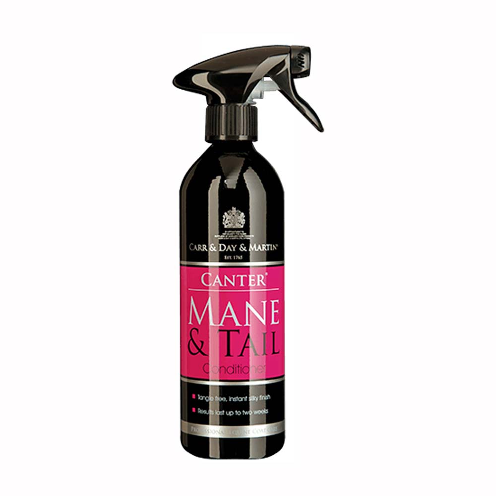 Frasco preto com spray e rótulo rosa de condicionador Canter Mane & Tail