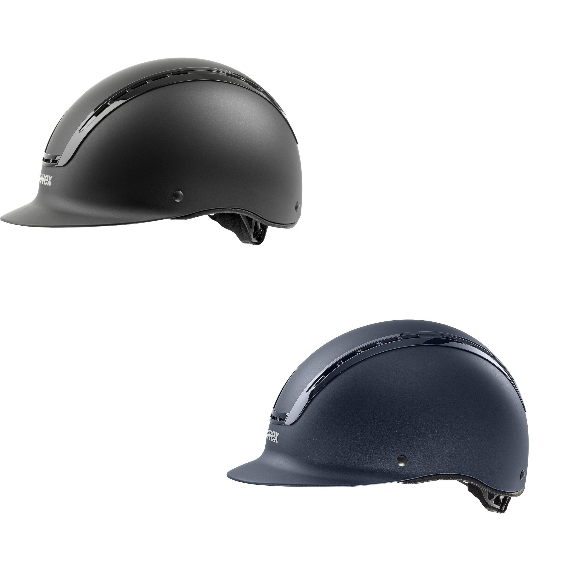 Capacetes de equitação preto e azul escuro com viseira pequena.