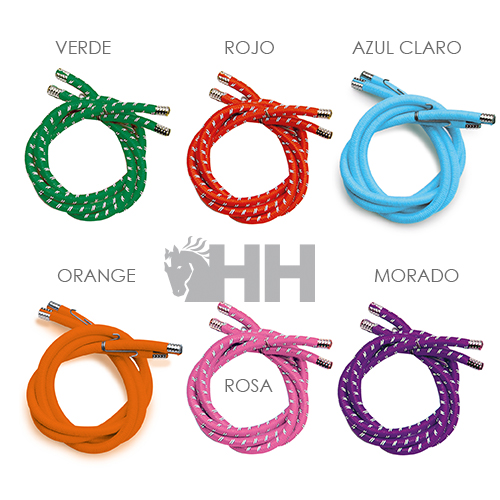 Seis cabos coloridos enrolados com texto de cores e logotipo HH no centro