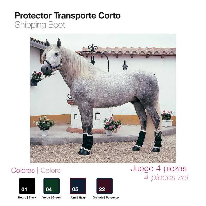 Cavalo cinza com proteções pretas nos cascos e texto sobre proteções de transporte com opções de cores
