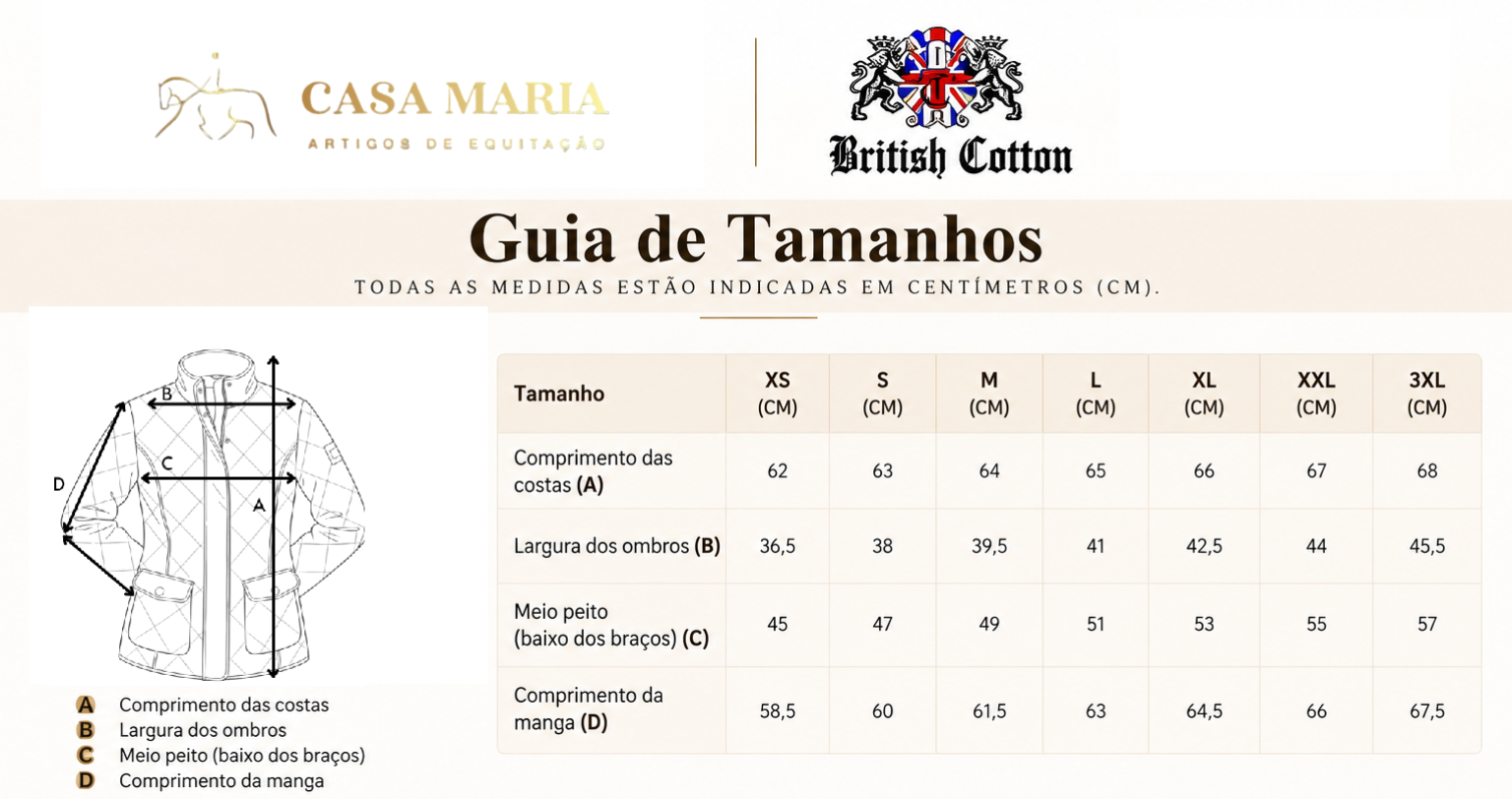 Guia de tamanhos de casaco com tabela de medidas em cm e ilustração do casaco com indicações das medidas.