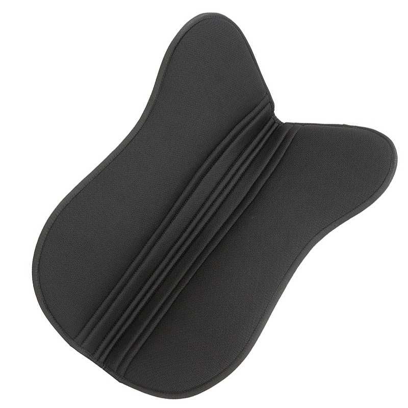 Almofada ergonómica preta com costuras e formato arredondado