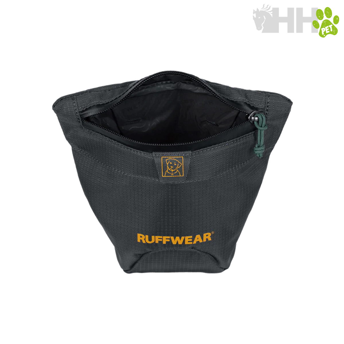 Bolsa para petisco preta RUFFWEAR com fecho de correr e logo amarelo